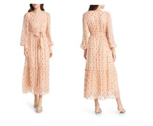 Image of sale on Eryn Metallic Print Tie Waist Long Sleeve Maxi Dress