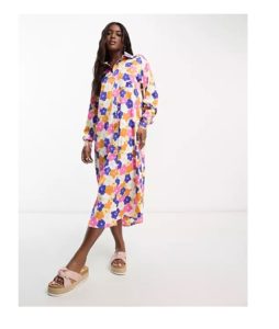 Image of sale on Monki Maxi Satin Floral Print Shirt Dress in Multi