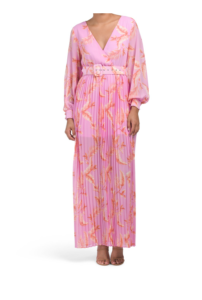 Image of sale on Long Sleeve V-neck Pleated Maxi Dress with Belt