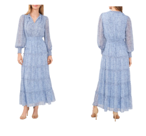 Image of sale on Leaf Print Metallic Smocked Waist Long Sleeve Tiered Midi Dress
