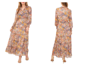 Image of sale on Floral Metallic Smocked Waist Long Sleeve Tiered Midi Dress Size M