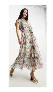 Image of sale on Ruffle Sleeve Tie Waist Midi Dress in Cream Floral