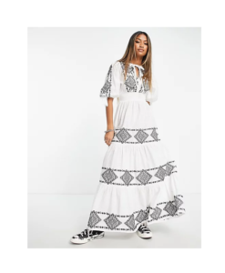 Image of sale on Maxi Smock Dress in White with Contrast Black Embroidery