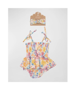 Image of sale on Girl’s Floral-print Smocked Bubble Romper & Headband, Size Newborn-24m