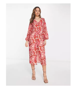 Image of sale on Balloon Sleeve Button Midaxi Dress in Red and Pink Floral