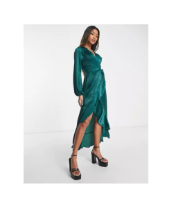 Image of sale on Flounce London Satin Long Sleeve Wrap Maxi Dress in Sage