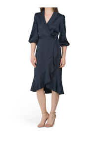 Image of sale on Satin Wrap Dress with Ruffle Hem