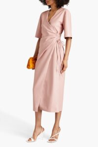 Image of sale on Helisa Ruched Vegan Leather Midi Wrap Dress