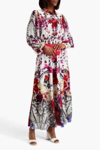 Image of sale on Embellished Floral-print Silk Crepe De Chine Maxi Shirt Dress