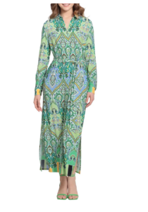 Image of sale on Print Belted Long Sleeve Maxi Shirtdress