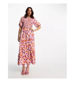Image of sale on Kelsie Puff Sleeve Shirred Midi Dress in Purple Floral