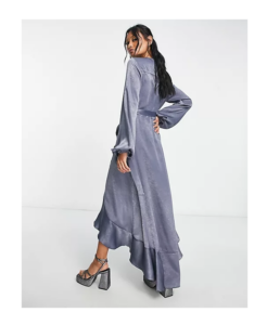 Image of sale on Satin Long Sleeve Wrap Midi Dress in Charcoal