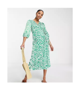 Image of sale on Satin Midi Wrap Dress in Leopard Print Green