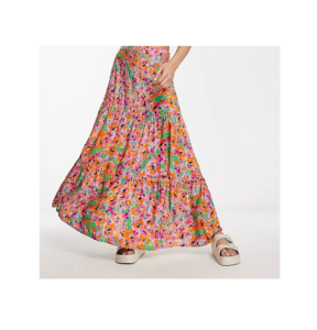 Image of sale on Monki Tiered Maxi Skirt in Pink Floral Print