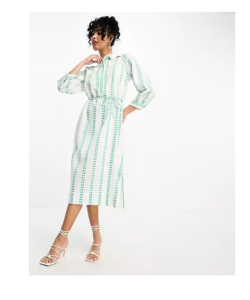 Image of sale on Eyelet Stripe Shirt Midi Dress in White