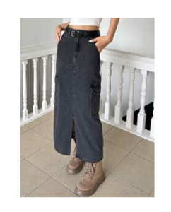 Image of sale on Dazy High Waist Flap Pocket Split Hem Denim Skirt
