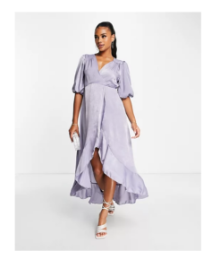 Image of sale on Satin Puff Sleeve Maxi Wrap Dress