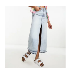 Image of sale on Denim Midi Skirt with Split Front in Bleached Wash
