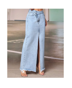 Image of sale on Ezwear Stepped Waist Raw Hem Denim Skirt