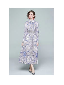 Image of sale on Blue Day A-line Shirt Colar Long Sleeve Maxi Printed Dress