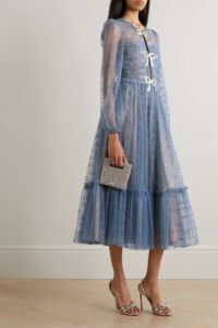 Image of sale on Camille Bow-embellished Tiered Embroidered Tulle Midi Dress