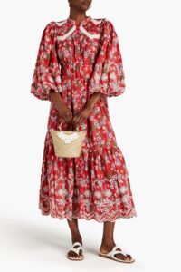 Image of sale on Belted Floral-print Broderie Anglaise Cotton Midi Dress