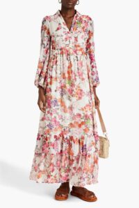 Image of sale on Gathered Floral-print Crepon Maxi Shirt Dress