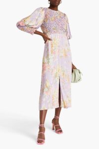 Image of sale on Shirred Floral-print Satin-crepe Midi Dress