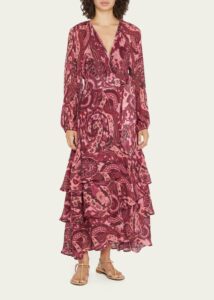 Image of sale on Frederica Paisley-print Tiered Ruffle Belted Dress