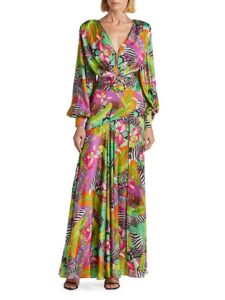 Image of sale on Carmen Printed Belted Satin Dress