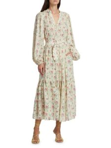 Image of sale on Floral Long-sleeve Belted Midi-dress