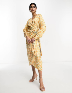 Image of sale on Satin Wrap Midi Dress in Pastel/gold Mix
