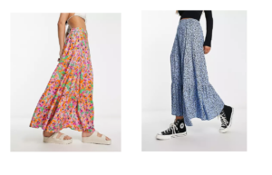 Image of sale on Monki Tiered Maxi Skirt in Pink Floral Print