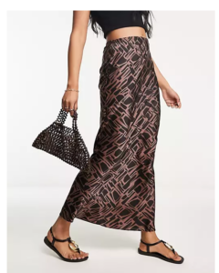 Image of sale on River Island Abstract Print Satin Slip Skirt in Brown
