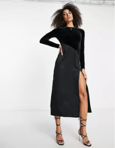 Image of sale on Velvet and Satin Mix Bias Cut Midi Dress in Black