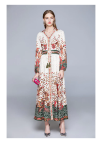 Image of sale on White & Multicolor Print Day A-line V-neck Bishop Long Sleeve Tea Dress