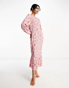Image of sale on Shirred Smock Midaxi Dress in Pink Tile Print