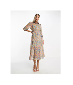 Image of sale on Malika Belted Midi Dress with Sheer Overlay in Mixed Floral