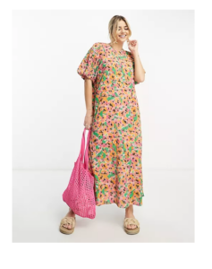 Image of sale on Puff Sleeve Midi Dress in Bright Pink Floral Print in Multi