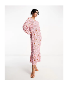 Image of sale on Never Fully Dressed Shirred Smock Midaxi Dress in Pink Tile Print