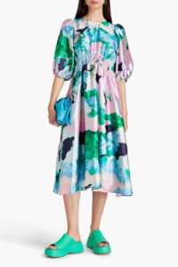 Image of sale on Elizabeth Gathered Printed Hammered-satin Midi Dress