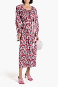 Image of sale on Blossom Gathered Floral-print Cotton Midi Dress
