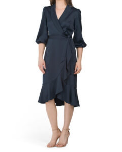 Image of sale on Satin Wrap Dress with Ruffle Hem