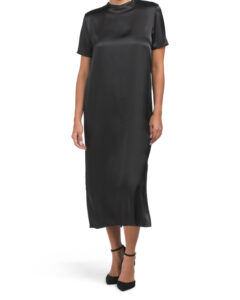 Image of sale on Short Sleeve Satin Shirt Dress with Side Slit