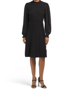 Image of sale on Pleated Illusion Sleeve Beaded Sweater Dress 41in Long,