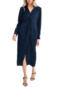Image of sale on Twist Front Long Sleeve Satin Midi Shirtdress
