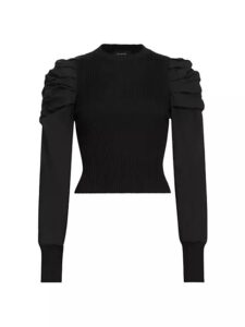 Image of sale on Mixed Media Rib-knit & Shell Puff Sleeve Top