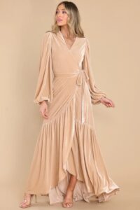Image of sale on An Absolute Treasure Champagne Velvet Maxi Dress