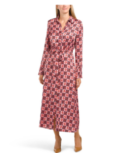 Image of sale on Long Sleeve Geometric Print Maxi Dress with Tie Waist