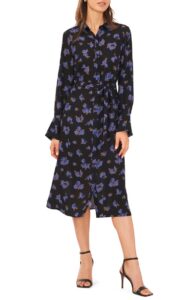 Image of sale on Soft Blooms Tie Waist Long Sleeve Midi Shirtdress
